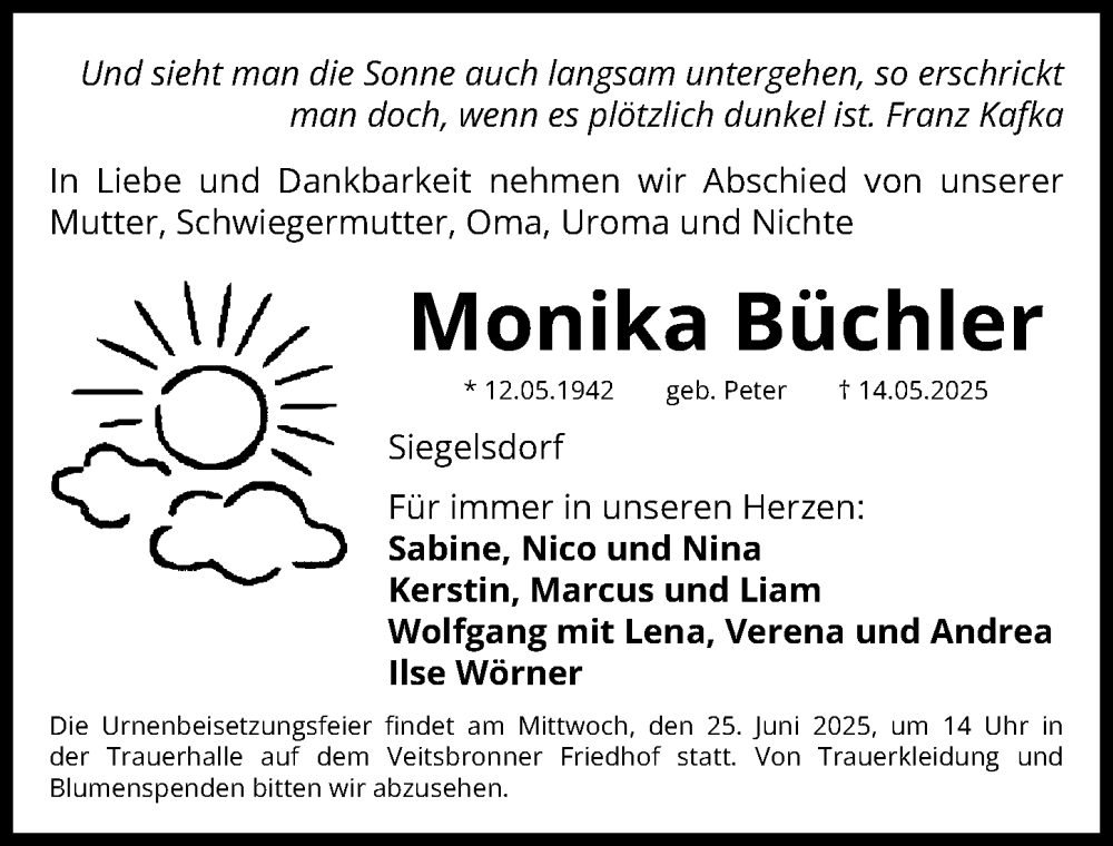  Traueranzeige für Monika Büchler vom 21.06.2025 aus Fürther Nachrichten Lokal