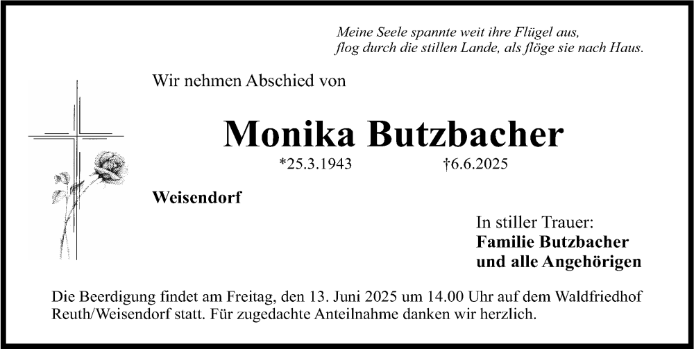  Traueranzeige für Monika Butzbacher vom 11.06.2025 aus Nordbayerische Nachrichten Herzogenaurach Lokal
