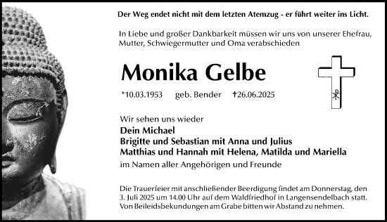 Traueranzeige von Monika Gelbe von Erlanger Nachrichten Lokal