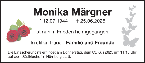 Traueranzeige von Monika Märgner von Gesamtausgabe Nürnberger Nachrichten/ Nürnberger Ztg.