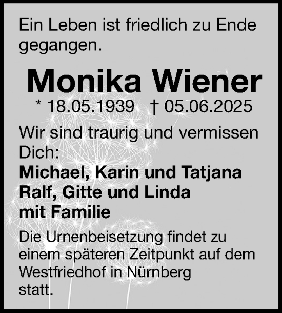 Traueranzeige von Monika Wiener von Gesamtausgabe Nürnberger Nachrichten/ Nürnberger Ztg.