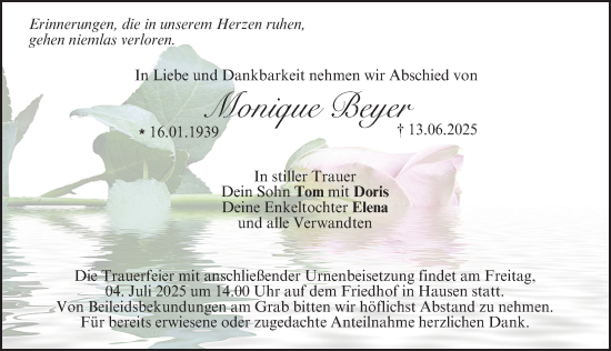 Traueranzeige von Monique Beyer von Nordbayerische Nachrichten Forchheim Lokal