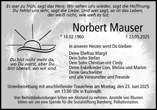 Traueranzeige von Norbert Mauser von Nordbayerische Nachrichten Forchheim Lokal