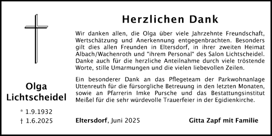 Traueranzeige von Olga Lichtscheidel von Erlanger Nachrichten Lokal