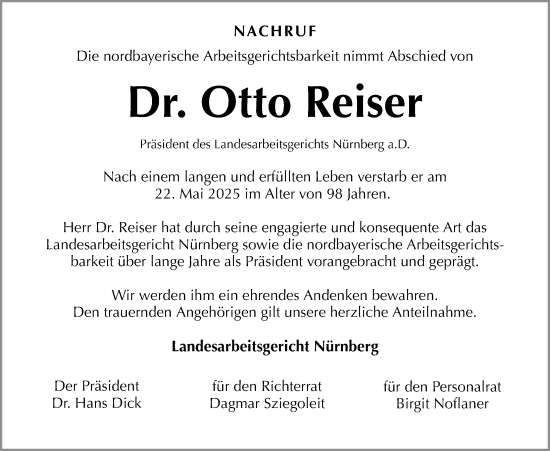 Traueranzeige von Otto Reiser von Gesamtausgabe Nürnberger Nachrichten/ Nürnberger Ztg.