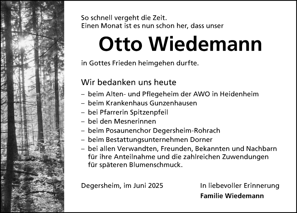 Traueranzeige für Otto Wiedemann vom 18.06.2025 aus Altmühl-Bote Lokal