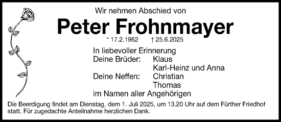 Traueranzeige von Peter Frohnmayer von Fürther Nachrichten Lokal