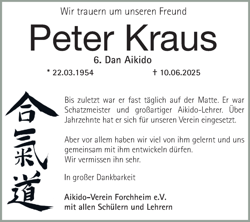  Traueranzeige für Peter Kraus vom 21.06.2025 aus Nordbayer. Nachrichten Forchheim/ Erlanger Nachrichten