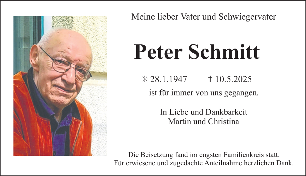  Traueranzeige für Peter Schmitt vom 07.06.2025 aus Erlanger Nachrichten Lokal