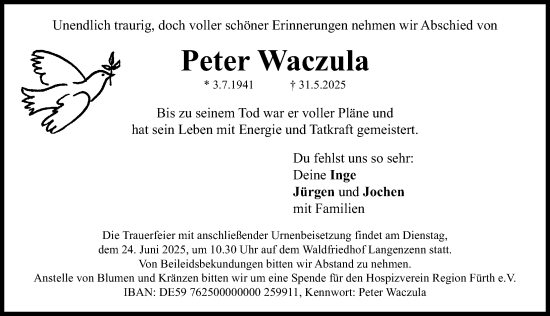 Traueranzeige von Peter Waczula von Fürther Nachrichten Lokal
