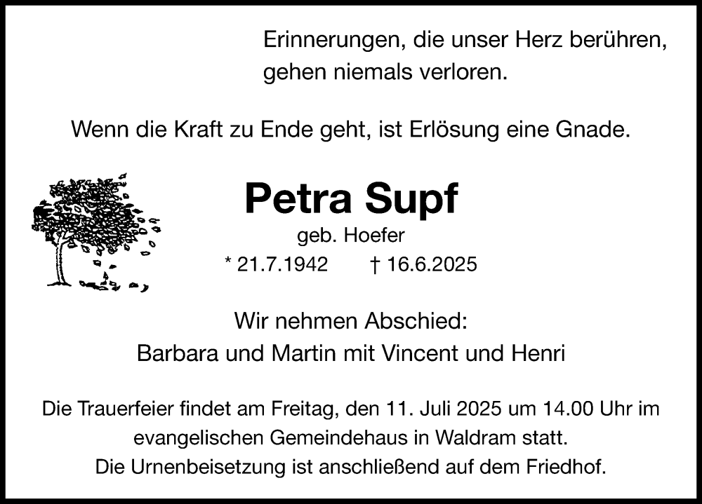  Traueranzeige für Petra Supf vom 28.06.2025 aus Roth-Hilpoltsteiner Volkszeitung Lokal