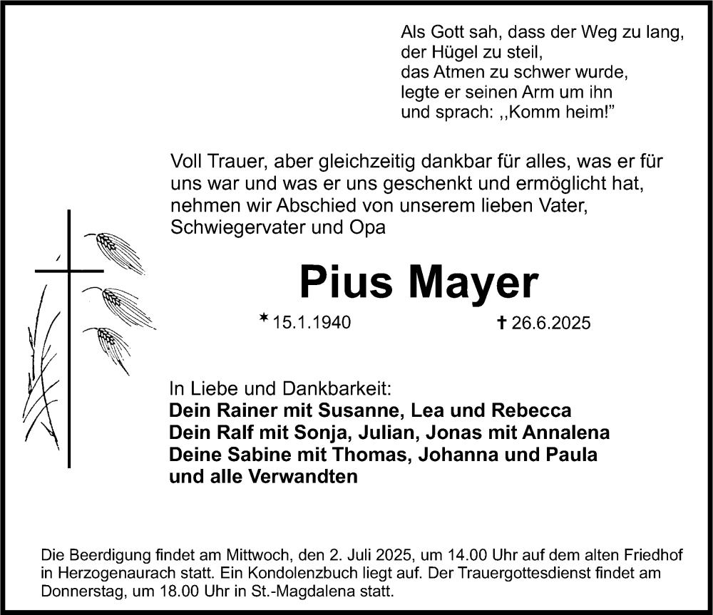  Traueranzeige für Pius Mayer vom 28.06.2025 aus Nordbayerische Nachrichten Herzogenaurach Lokal