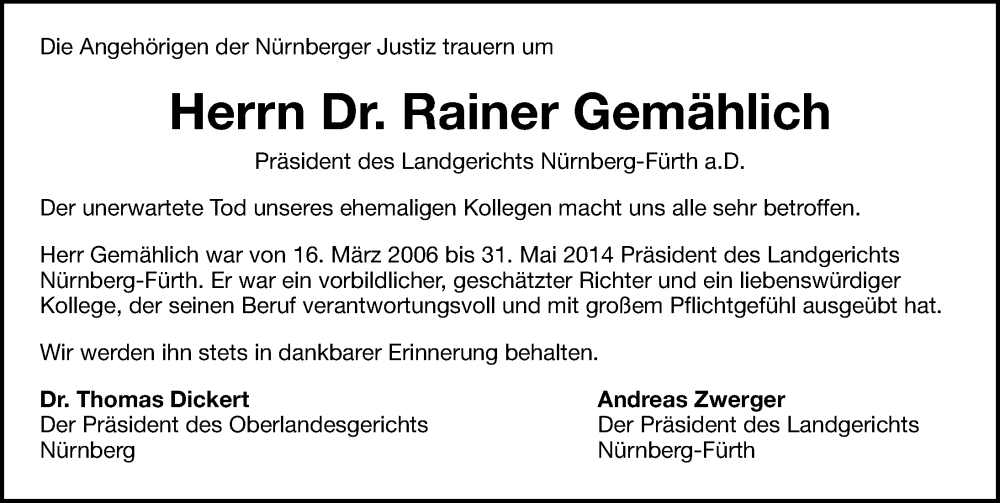 Traueranzeige für Rainer Gemählich vom 14.06.2025 aus Gesamtausgabe Nürnberger Nachrichten/ Nürnberger Ztg.