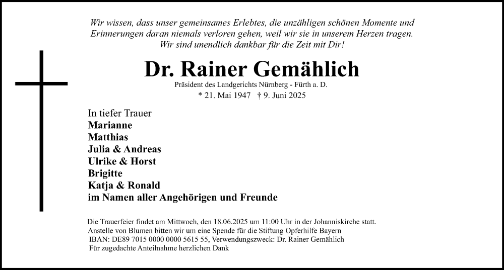  Traueranzeige für Rainer Gemählich vom 14.06.2025 aus Gesamtausgabe Nürnberger Nachrichten/ Nürnberger Ztg.