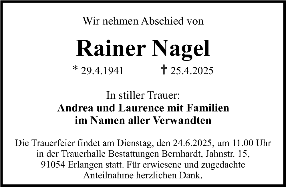  Traueranzeige für Rainer Nagel vom 07.06.2025 aus Erlanger Nachrichten Lokal