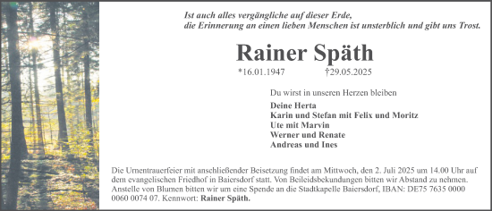 Traueranzeige von Rainer Späth von Erlanger Nachrichten Lokal