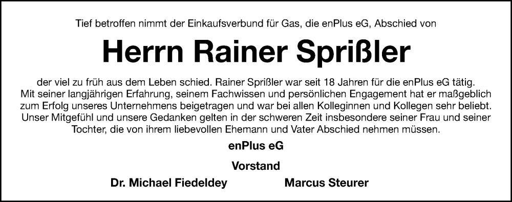  Traueranzeige für Rainer Sprißler vom 21.06.2025 aus Erlanger Nachrichten Lokal