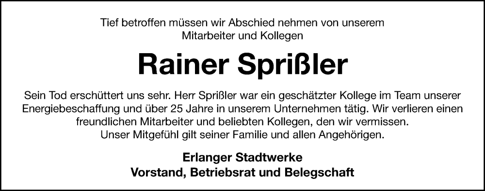  Traueranzeige für Rainer Sprißler vom 21.06.2025 aus Erlanger Nachrichten Lokal