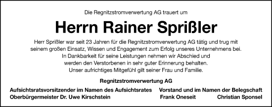 Traueranzeige von Rainer Sprißler von Erlanger Nachrichten Lokal