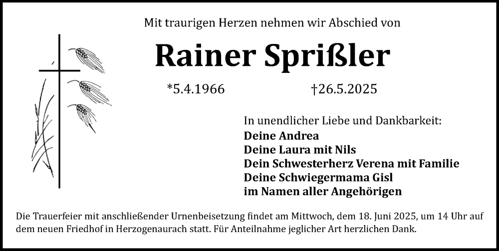  Traueranzeige für Rainer Sprißler vom 14.06.2025 aus Erlanger Nachrichten Lokal