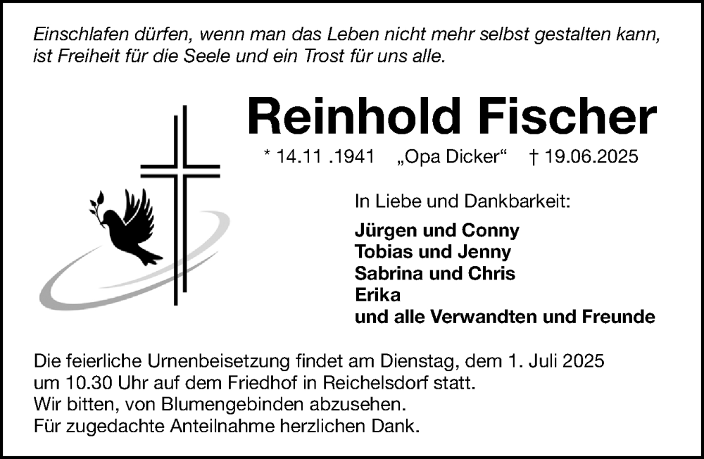  Traueranzeige für Reinhold Fischer vom 28.06.2025 aus Gesamtausgabe Nürnberger Nachrichten/ Nürnberger Ztg.