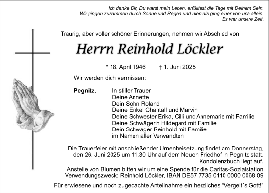 Traueranzeige von Reinhold Löckler von Nordbayerische Nachrichten Pegnitz Lokal