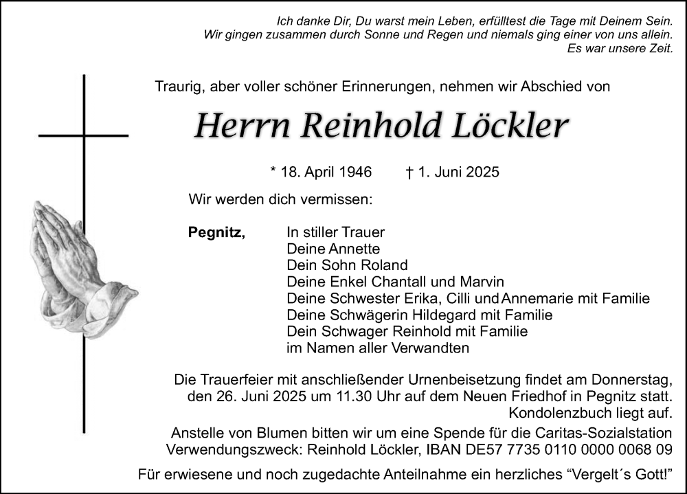  Traueranzeige für Reinhold Löckler vom 24.06.2025 aus Nordbayerische Nachrichten Pegnitz Lokal