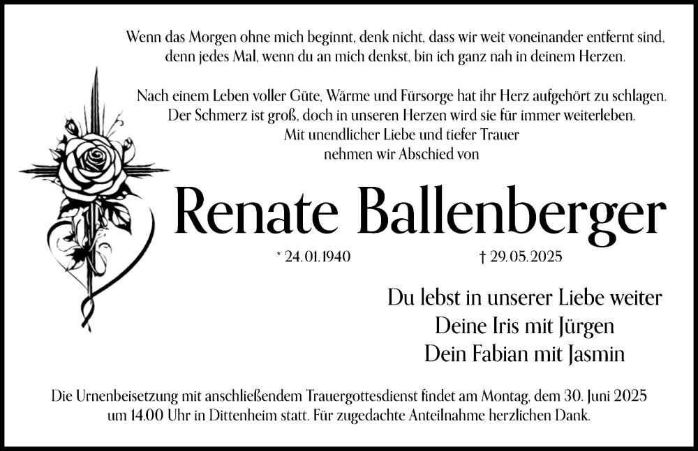  Traueranzeige für Renate Ballenberger vom 26.06.2025 aus Altmühl-Bote Lokal