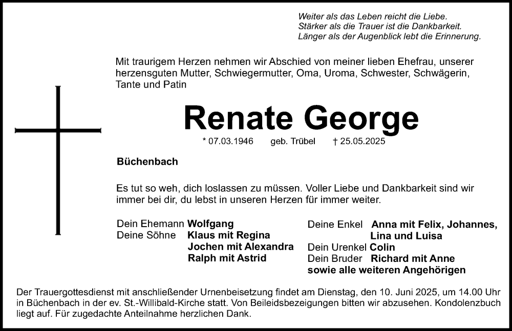  Traueranzeige für Renate George vom 07.06.2025 aus Roth-Hilpoltsteiner Volkszeitung Lokal