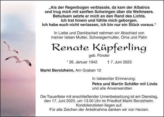 Traueranzeige von Renate Küpferling von Altmühl-Bote Lokal