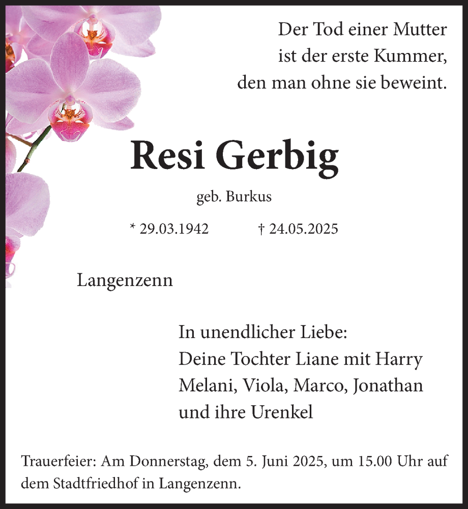  Traueranzeige für Resi Gerbig vom 03.06.2025 aus Fürther Nachrichten Lokal