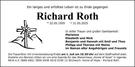 Traueranzeige von Richard Roth von Gesamtausgabe Nürnberger Nachrichten/ Nürnberger Ztg.