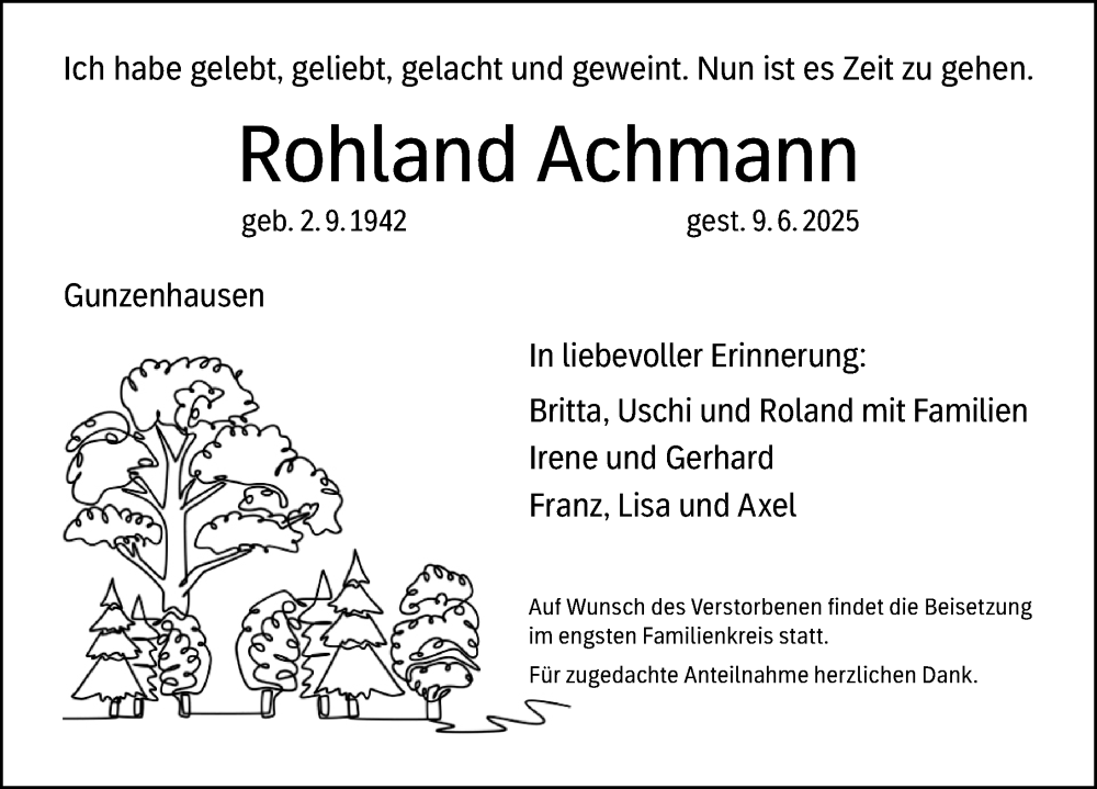  Traueranzeige für Rohland Achmann vom 18.06.2025 aus Altmühl-Bote Lokal