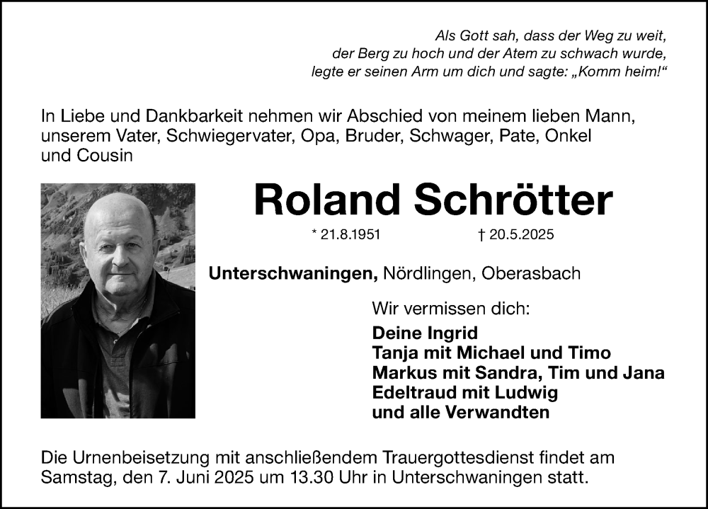  Traueranzeige für Roland Schrötter vom 04.06.2025 aus Altmühl-Bote Lokal