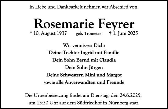 Traueranzeige von Rosemarie Feyrer von Gesamtausgabe Nürnberger Nachrichten/ Nürnberger Ztg.