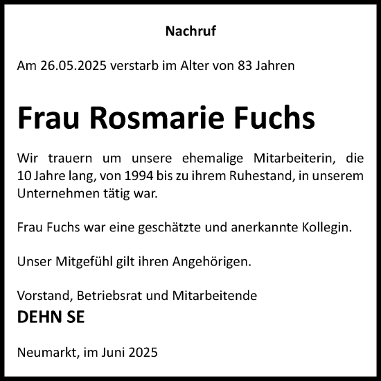 Traueranzeige von Rosmarie Fuchs von Neumarkter Nachrichten Lokal