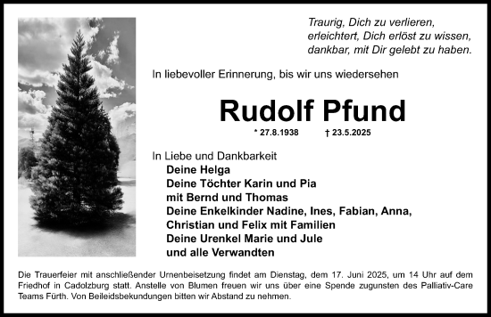 Traueranzeige von Rudolf Pfund von Fürther Nachrichten Lokal