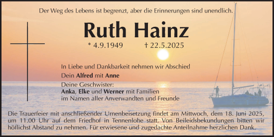 Traueranzeige von Ruth Hainz von Erlanger Nachrichten Lokal