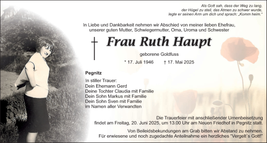 Traueranzeige von Ruth Haupt von Nordbayerische Nachrichten Pegnitz Lokal