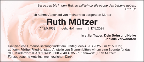 Traueranzeige von Ruth Mützer von Gesamtausgabe Nürnberger Nachrichten/ Nürnberger Ztg.