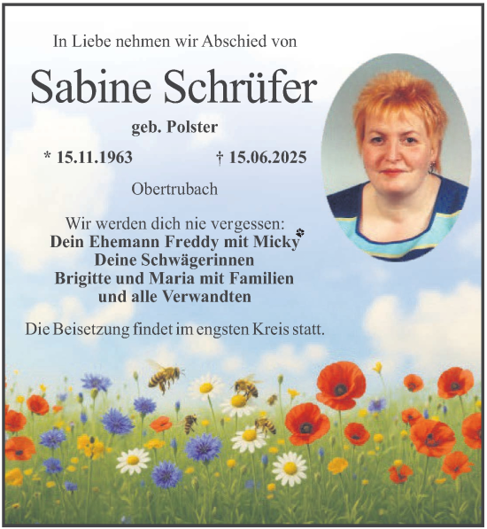 Traueranzeige von Sabine Schrüfer von Nordbayerische Nachrichten Forchheim Lokal