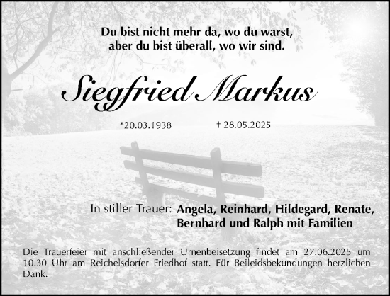 Traueranzeige von Siegfried Markus von Gesamtausgabe Nürnberger Nachrichten/ Nürnberger Ztg.