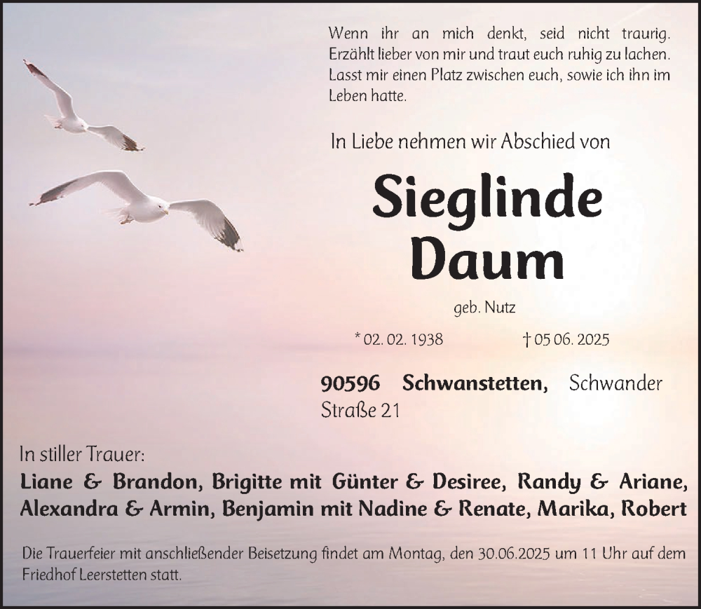  Traueranzeige für Sieglinde Daum vom 28.06.2025 aus Schwabacher Tagblatt Lokal