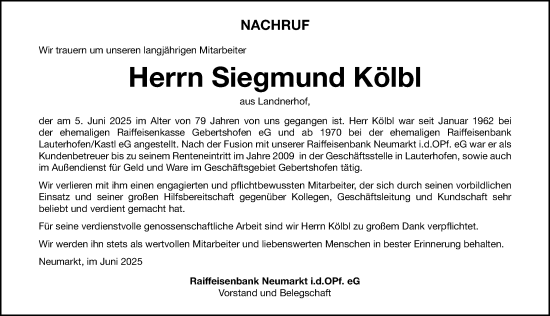 Traueranzeige von Siegmund Kölbl von Neumarkter Nachrichten Lokal