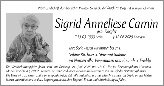 Traueranzeige von Sigrid Anneliese Camin von Erlanger Nachrichten Lokal