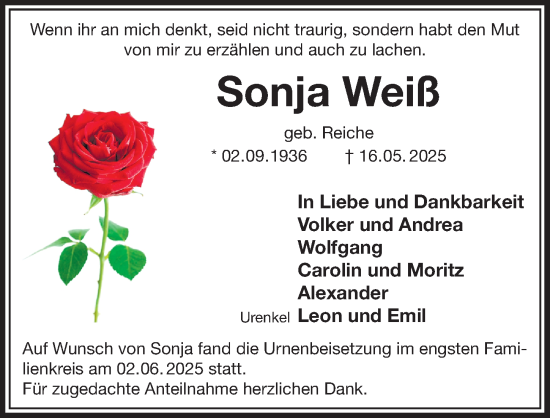 Traueranzeige von Sonja Weiß von Gesamtausgabe Nürnberger Nachrichten/ Nürnberger Ztg.