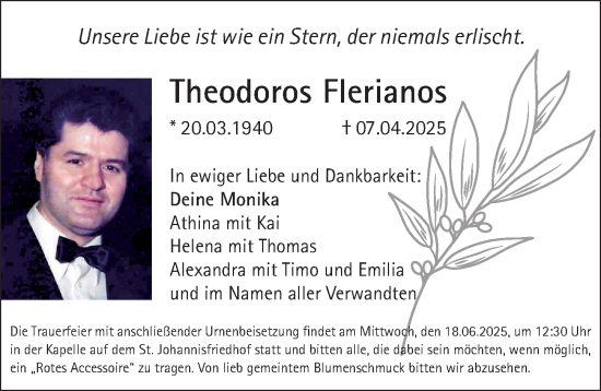 Traueranzeige von Theodoros Flerianos von Gesamtausgabe Nürnberger Nachrichten/ Nürnberger Ztg.