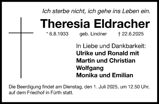 Traueranzeige von Theresia Eldracher von Fürther Nachrichten Lokal