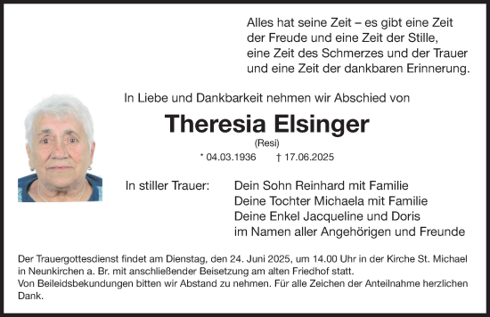 Traueranzeige von Theresia Elsinger von Nordbayerische Nachrichten Forchheim Lokal