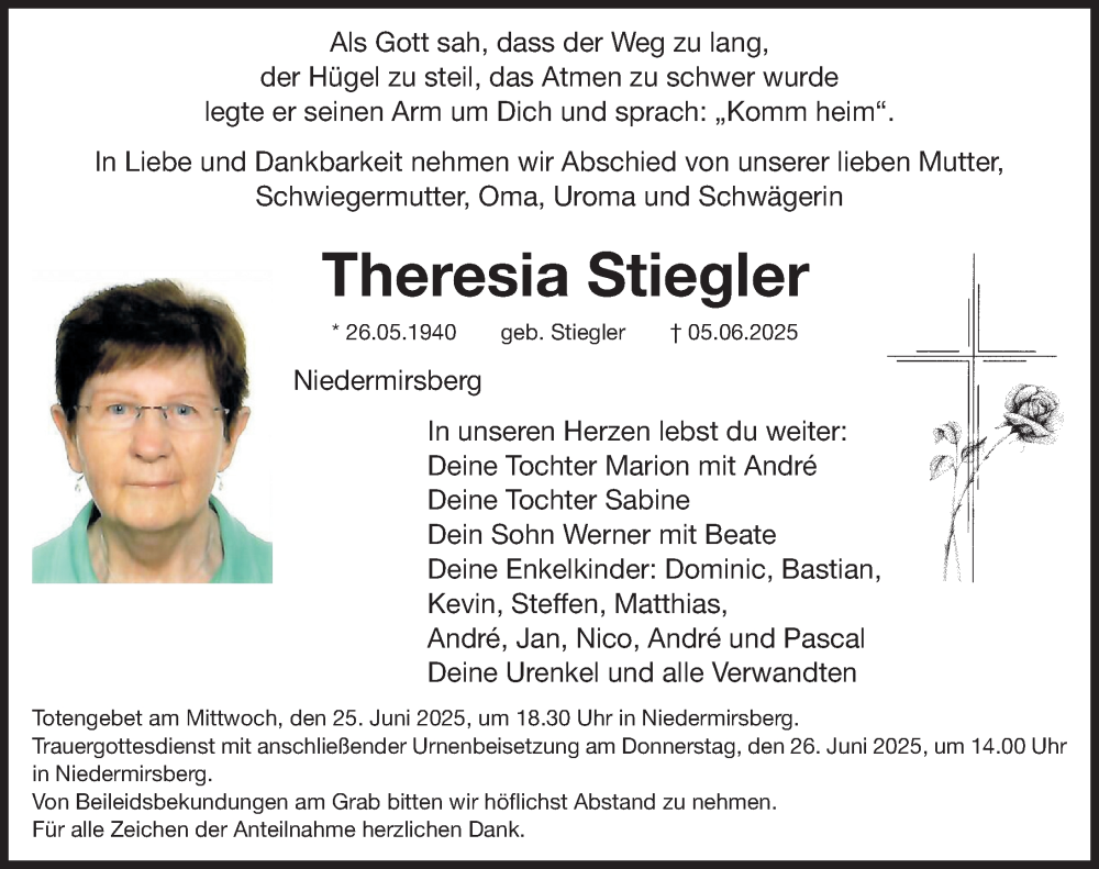  Traueranzeige für Theresia Stiegler vom 21.06.2025 aus Nordbayerische Nachrichten Forchheim Lokal